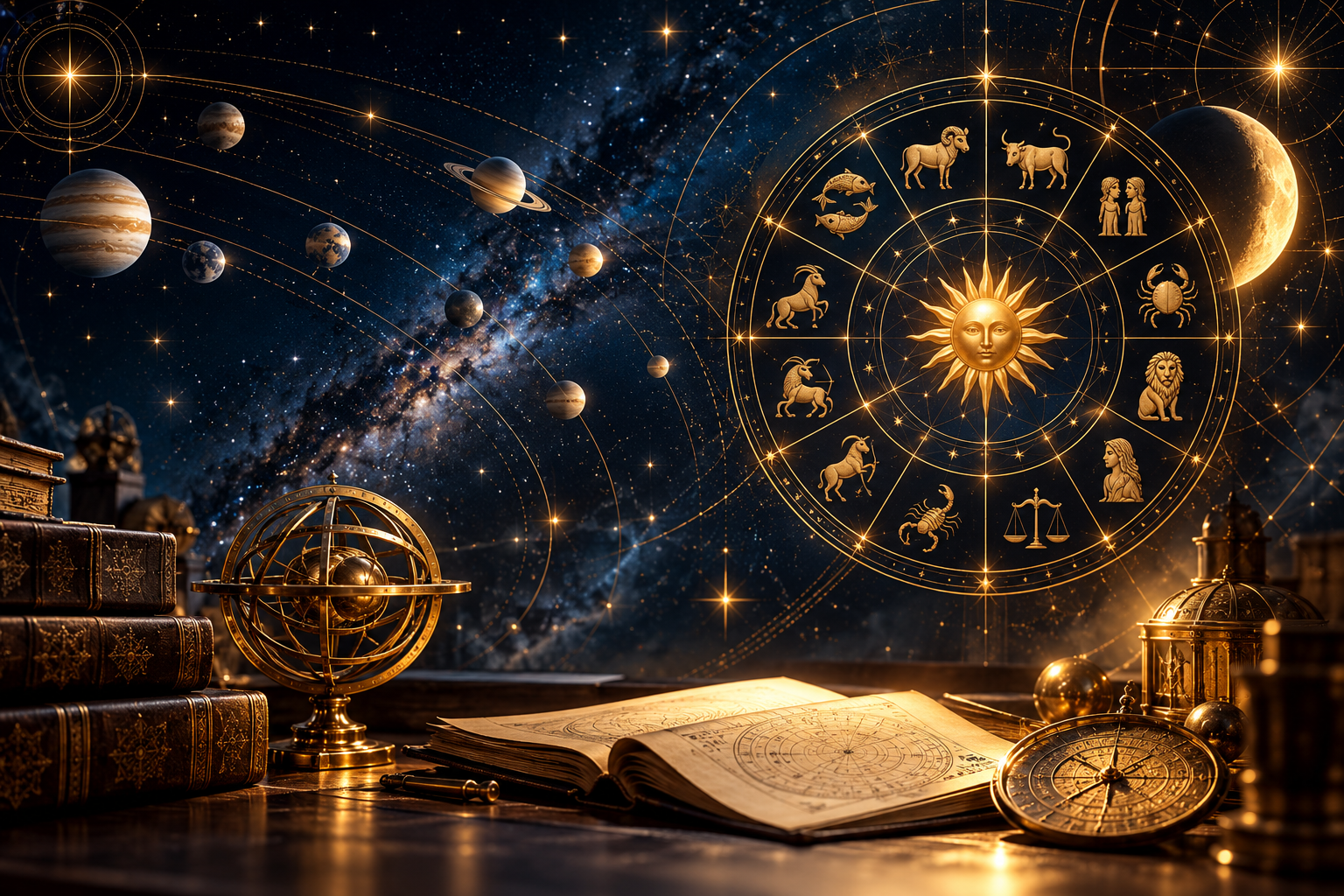 Golden zodiac wheel, planets and astrological study instruments beneath a starry night sky
